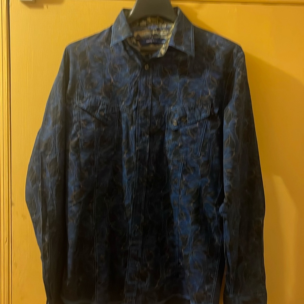 Georg Roth Los Angeles blue black tan button down long sleeve shirt large